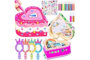 PIWOSGOL Kits Bricolage Miroir Couronne Princesse en Bois, 22 Pcs Coffre au Trésor en Bois pour Filles, DIY Loisirs Créatifs pour Activité Manuelles Enfants Cadeau Anniversaire 3 4 5 6 7 8 9 10 ans