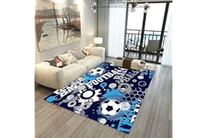 XISNUIENT Football Rugs Boys Bedroom Living Room Rug Large 3D Graffiti Football Pattern Rug Blue Green Football Carpet Kids Teens Gaming Mat Washable Nursery Rug Runner Doormat (Navy blue,80x120cm)
