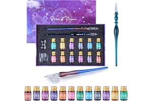 FURNIZONE Glass Dip Pen Ink Gift Set 16 Pack, 2 Calligraphy Crystal Dip Pen with 12 Color Drawing Ink for Art/Painting/Writing, with Holder and Clean Cup for Drawing Beginners Gift