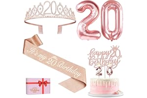 AMOSKING 20. Geburtstag Mädchen Deko, 20. Geburtstag Schärpe und Krone, Tortendeko Geburtstag und Kerzen, Roségold Luftballons 20, 20. Geschenk für Mädchen zum Geburtstag Party Deko Supplies