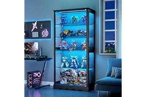 OUTDOOR DOIT 71" Display Cabinets with LED lights for Collectiblesbb,books,toys,5-Tier Curio & Bookcase Storage Cabinet with Glass Doors & Human Sensor for Living Room,Bedroom,black