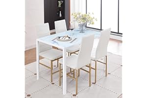 Paonne Glass Dining Table Chair Set 4, 5Pcs Dining Room Set 4, Glass Rectangular Table with PU Leather Chairs Modern Home Kitchen Furniture Set
