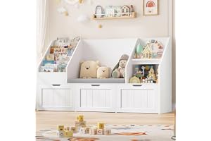 FOREHILL Barnhylla med sittbänk för barnrum, dagis, läshörna | Barnrumsmöbler med 3 lådor för leksaksförvaring, bokhylla barn, hylla för barnrum 140 x 80 x 39,5 cm