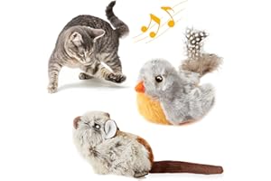 Suhaco Cat Toys for Indoor Cats Feather Squeaky Bird & Mouse Kitten Toys Set, Three Dogs & A Cat Melody Motion Activated Chirping Kitty Toys Interactive Plush Cat Toys for Boredom (2 Pack)