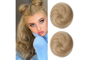 REECHO 2 PCS Mini Claw Clip in Messy Cat Ears Hair Bun Extensions HB001 Wig Accessory Updo Hairpieces for Women Girls (Pack of 2-3" Straight, Golden with Blonde Highlights