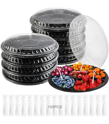Lot De 10 Plateaux à Compartiments Avec Couvercles + 100 Fourchettes - Plateau Réutilisable Pour Apéro, Bureau, Pique-nique - Noir