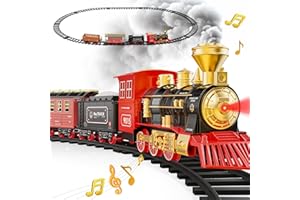 Hot Bee Zestaw pociągów zabawki dla dzieci z dymem i dźwiękami, pociągi elektryczne do gier kolejowych z silnikiem lokomotywy parowej, samochody towarowe i tory startowe, 7, 8 lat