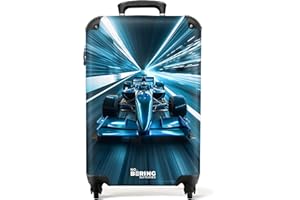 NoBoringSuitcases.com Kinderkoffer Jungen, Reisekoffer, Rollkoffer, Handgepäck 55x40x20 cm (Rennwagen - Cyan-Blau)
