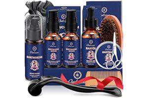 ‎OUKZON Bartpflege Set für Männer, Aufgerüstet Bart Geschenk für Weihnachten Geburtstag -Komplett Bartwuchsmittel Männer mit Bartshampoo, Bartöl, Bartroller, Bartwuchs Serum, Bartbalsam, Bartbürste,Bartschere