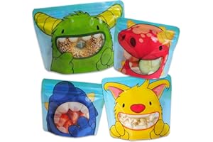 Nom Nom Kids small ziplock bags Monster snack bag collection | 4 Reusable bags in 3 sizes. 2 x small, 1 medium, 1 sandwich bag sized for toddlers and children | small ziplock bags for food