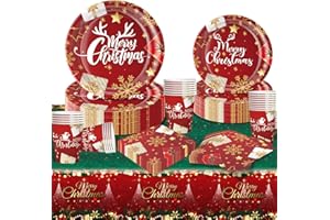 Moerstar Stoviglie per Feste di Natale, Set Stoviglie Natalizie con Piatti Carta Natale Bicchieri Carta Tovaglia Tovaglioli per Feste Decorazioni Natalizie per la Casa