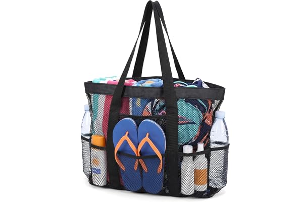 SULIKJHUI 1 styck nätstrandväska för kvinnor, stor nätväska med ficka för strandsemester, pool, gym, återanvändbar shoppingväska (svart, 45 x 33 cm)