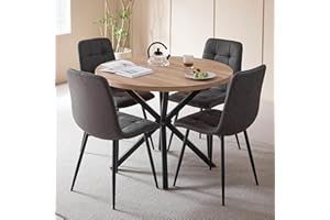DEYARNA HOME Essgruppe 5-Teilig, 100cm Runder Esstisch und 4 Kunstleder Esszimmerstühle, Tisch und 4 Stühle für Küche, Wohnzimmer, Balkon, Restaurant, Büro (Helle Holzfarbe+Dunkelgrau)