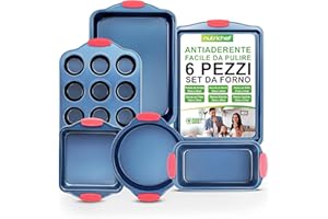 NutriChef Set 6 Teglie da Forno Antiaderente, Acciaio Carbonio, Manici Silicone, Adatto Forno 230°C, Pirofila Pane, Teglia Muffin, Arrosto, Biscotti