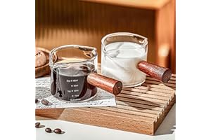 SYXLS 2 Sztuki Podwójna Wylewka Miarka z Drewnianym Uchwytem, Miarka do Espresso, Szklane Kubki do Kawy z Funkcją Pomiaru, Skalą Odporną na Temperaturę Szklaną Miarką z Uchwytem do Nalewania