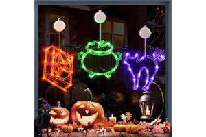 LOLStar Halloween Lights, 3 Packs Spellbook, Cat and Cauldron Halloween Lights with Suction Cup, Upgrade Timer and Slowly Fade Mode Battery Operated Indoor Lights for Halloween Window Decoration