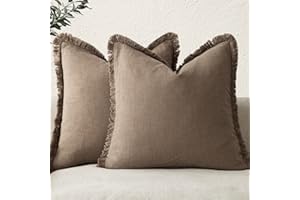 Foindtower Set of 2 Decorative Linen Fringe Throw Pillow Covers Cozy Farmhouse Boho Cushion Cover with Tassels Soft Accent Pillowcase for Couch Sofa Bed Living Room Home Decor 20×20 Inch Light Brown