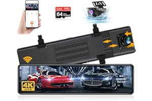 Jansite WiFi 4K Cámara de Coche Retrovisor Coche con Camara Pantalla Táctil Completa IPS de 12 Espejo Dash CAM Delantera y Trasera con Tarjeta SD de 64 GB,170° Gran Angular,G-Sensor,Cable Trasero 10M