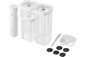 ZWILLING FRESH & SAVE CUBE Zestaw startowy próżniowy, rozmiar S, 6-częściowy zestaw do przechowywania próżniowego, zawiera 3 x pojemniki CUBE S, pompa próżniowa, łyżka pomiarowa, etykiety NFC