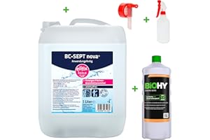 ‎BIOHY Eilfix home BC-Sept® nova Anwendungsfertig Flächendesinfektion 5 L Kanister + Auslaufhahn + BIOHY Creme Seife 1L + Sprühflasche - Parfümfreies Flächendesinfektionsmittel für alle Oberflächen