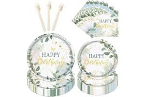 Eiapadeor Sage Green Birthday Party Decorations, 96PCS Sage Green Paper Plates Napkins and Wooden Forks Dinnerware Set, Disposable Tableware for 24 Guests