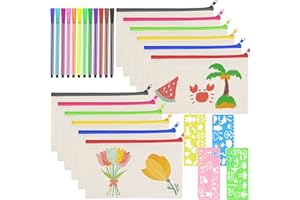 RAINPOP 12 Stück 21*12cm DIY Blanko Stoffbeutel, Kinder Stoff Federmäppchen mit 12 Farbigen Stiften und 4 Zeichenvorlagen, Stoffbeutel zum Bemalen für Reisen Make Up Taschen, Aufbewahrung Schreibwaren