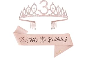 Mikccer Rose Gold 3rd Birthday Sash and 3 Birthday Tiara, Rhinestone Crown Headband for 3rd Birthday Gifts, 3rd Birthday Decoration Party Accessories for Girls