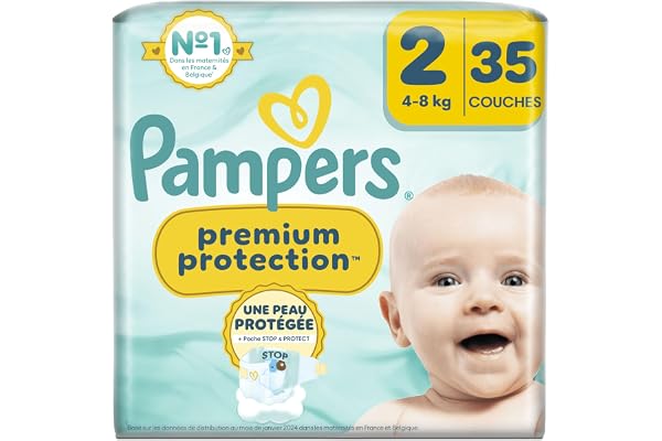Pampers Premium Protection Taille 2, 35 Couches, 4kg-8kg, Double Protection Pour La Peau Et Contre Les Fuites