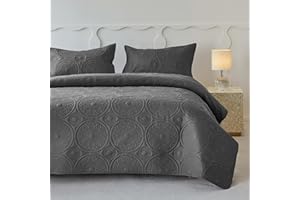 Simple&Opulence Quilted Bedspreads Double Size-3 Pcs Soft Reversible Microfiber Bed Spread Coverlet,Floral Embossed Bed Throw Set with 2 Pillowcases for Bedroom Decor,220x240cm,Dark Grey