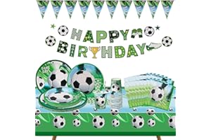 SITAYAKUMA Fussball Pappteller Kindergeburtstag 16 Gäste, Fußball Geburtstagsdeko Set mit Pappteller/Servietten/Tischdecke/Strohhalme/Pappbecher/Banner, Sport Thema Fussballparty Geburtstagsparty Set Junge