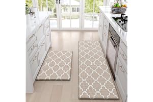 DEXI 2 Pcs Kitchen Mat Floor Non Slip Waterproof, 44x75 + 44x150 cm, Anti Fatigue Cushioned Runner Rugs, Comfort Standing Kitchen Rug, Easy Clean Memory Foam Soft Floor Mats, Light Beige and White