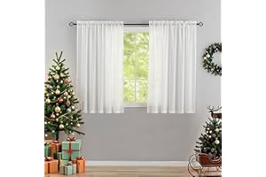 Home Brilliant Striped Sheer Curtains, Net Curtains for Windows 45 Drop, White Short Woven Voile Curtains for Kitcken Window Treatment, Set of 2, 54 x 45 inches