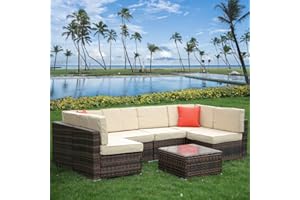 bigzzia Garden Furniture Set, Patio Rattan Dining Table Set Wicker Weave Corner Sofa Seat Glass Coffee Table Conversation Set With Cushions and Pillows For Lawn Backyard Poolside (6 Seats)