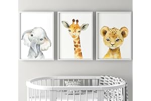 EVIEPOPS PRINTS Set di 3 Poster per la cameretta dei bambini a tema di animali del safari senza cornice, poster decorativi per il muro della cameretta, Elefante Giraffa Leone (A4)