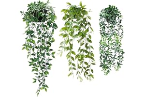 XONGSYUE Plantas Artificiales Colgantes en macetas, 3 Plantas Caídas Artificiales, Plantas Caídas Artificiales, Eucalipto Artificial Plantas con Maceta, Falsa Planta Colgante Vertical en Maceta para Decoración