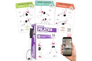 FLEXIES Cartes de Pilates – 58 cartes d'exercice avec instructions vidéo et conseils de respiration | Marqueur effaçable à sec et anneau gratuit pour planificateur d'entraînement à domicile pour femme