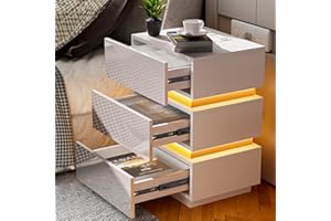 PIPIPOXER Nachttisch,Beistelltisch in Weiß aus Hochglanz und Acryl Planscheibe, Nachttische aus Holz mit 3 Schubladen Nachtschrank für Wohnzimmer,Schlafzimmer,Bett 45x35x62cm Weiß