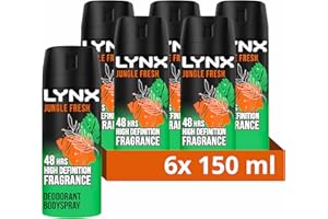 Lynx Men Jungle Fresh Deodorant Body Spray with a palm leaves & amber scent for 48 hours of odour-busting zinc tech 150 ml, Pack of 6