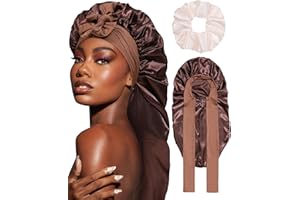 Coubeau Bonnet en Satin Long pour Femme - Bonnets de Soin Capillaire en Soie pour Le Sommeil, Bonnet de Nuit avec Bande Élastique pour Cheveux Longs et Bouclés