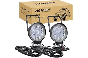 RIGIDON 2 Pcs Portable Magnetic Base Round Led Work Light, 4 inch 27W Flood Beam, 12V 24V Driving Lights Lamp for Car Off road Truck 4x4 SUV ATV Tractors Excavator, 6000K White, Led Search Lights