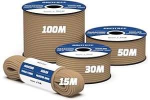 Brotree 550 Paracord 4mm 30m Cuerda Paracaidas 100% Poliéster Tipo III 7 Hebras para Al Aire Libre, Exterior, Supervivencia - Marrón