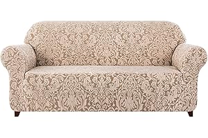 subrtex Damast Sofabezug Stretch Sofahusse Couchbezug Sesselbezug Elastischer Blumenmuster rutschfest Stretchhusse Weich Stoff(3 Sitzer,Beige Braun)