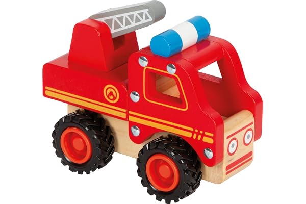 small foot 11075 Camion de pompiers en bois, facile d'accès, avec roues caoutchoutées, à partir de 18 mois, Rouge