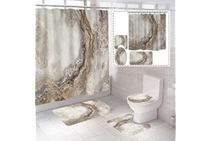 IDAHSOR Marble Shower Curtain Set with Rugs 4Pcs,Toilet Lid Cover Bath Mat, Ink Geometric Texture Shower Curtain with 12 Hooks, Durable Waterproof Fabric for Bathroom, 72 x 72 Inch