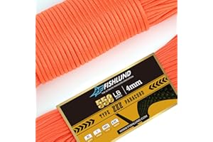 FISHLUND Paracord 550 lb, 7 Strand Paracord Rope 50ft 4mm, Nylon Parachute Cord for Camping, Neon Orange