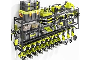 KAFAHOM Large Power Tool Organiser Wall Mount-13 Drill Holder for Garage,4 Layer Power Tool Rack,Tool Organiser and Storage with 2 New Accessories, Gifts Idea for Men Dad Husband