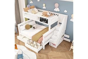Rtopsu Etagenbett Kinderbett 90x200 & 140x200 cm für 2-3 Kinder, Hochbett mit Treppe und 2 Stauraum Schubladen, Bett mit Rausfallschutz und Lagerregal, Hausbett mit Lattenrost, Weiß, Ohne Matratze