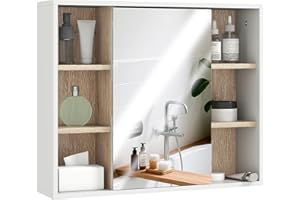 HOMCOM Mobile Bagno con Specchio, 3 Ripiani Laterali e Ripiano Regolabile Interno, Specchio Bagno Contenitore in Legno, 60x14.5x49.4 cm, Bianco e Color Legno