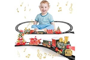 deAO Trenino Elettrico per Bambini, Treno Classico Natalizio con Luci e Suoni, Auto da Pista con Locomotiva e 3 Vagoni, Regalo Natale Giocattolo per Bambini, Decorazioni Natalizie