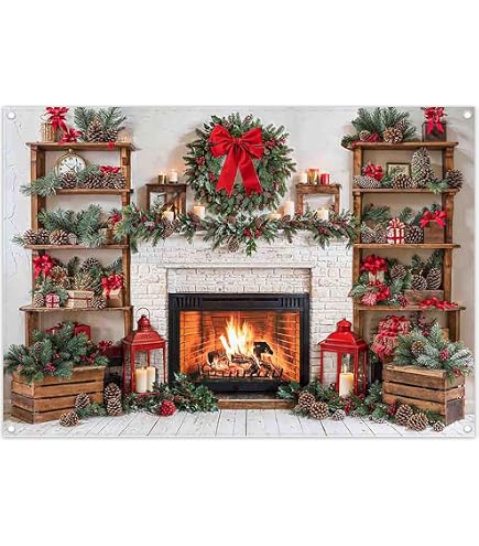 WANGRJ Sfondo Fotografico Di Natale Con Camino, Calzini, Albero E Regali – 210x150 Cm, Perfetto Per Feste In Famiglia E Decorazioni - 3